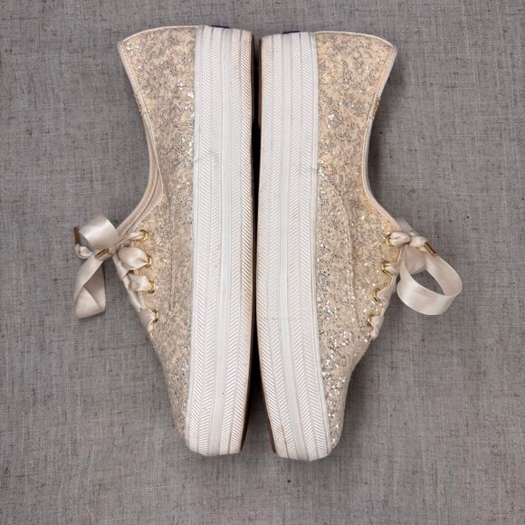 Kate Spade Keds‎ Triple KS Glitter Sneakers Cream Canvas Lace Up Platform 8.5 - Picture 11 of 11